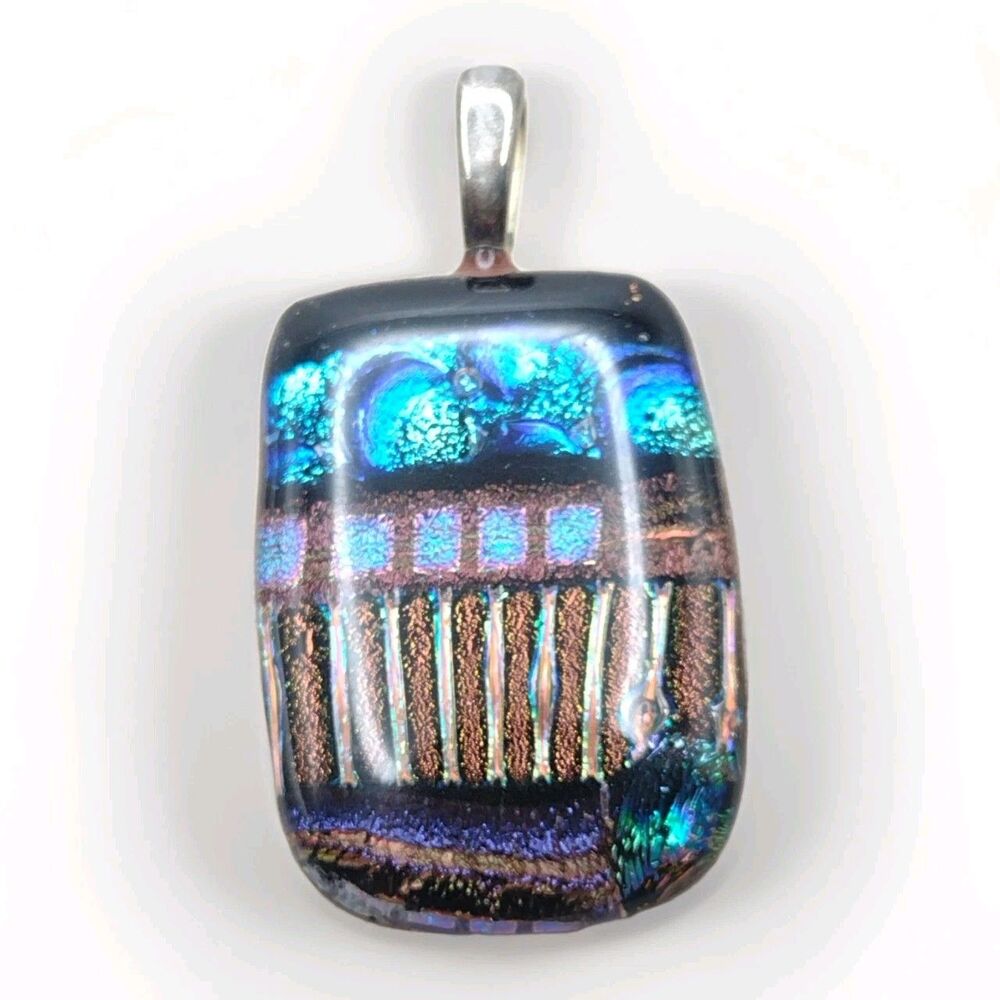 Stunning Dichroic Art Glass Pendant Blue Green Purple Aurora 1.75" 11g Artisan